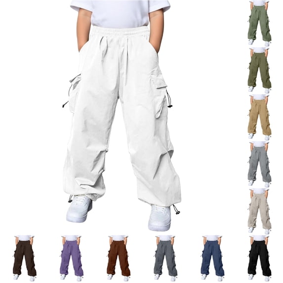 CUZIBR Kids Cargo Pants With Multiple Pockets For Boys Unisex Elastic Waist Drawstring Adjustable Loose Baggy Casual Trousers Street Hip Hop Daily Wear,White,5-6 Years