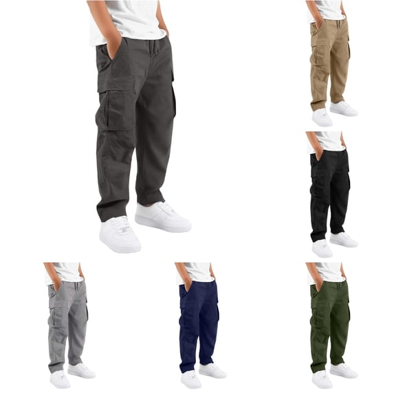 CUZIBR Kids Cargo Pants With Multiple Pockets Comfortable Casual Trousers For Boys Elastic Drawstring Waist Loose Straight Leg Trousers Lightweight Bottoms For School Outdoor,Dark Gray,5-6 Years