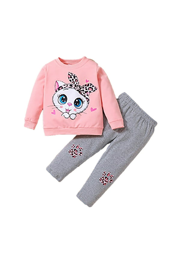 Kids Christmas Outfit Cartoon Print Crewneck Long Sleeve Tops Blouse Leopard Print Pants Trousers Sweatsuits Fall Winter Outfits,Pink,12-24 Months