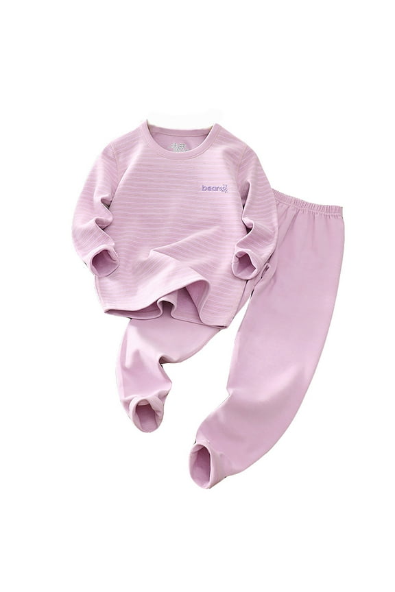 Kids Christmas Outfit Long Sleeve Striped Layered Sets Thick Lined Thermal Underwear Wool Silk Casual Outdoor Dailywear Fall Winter Outfits,Purple,13-14 Years