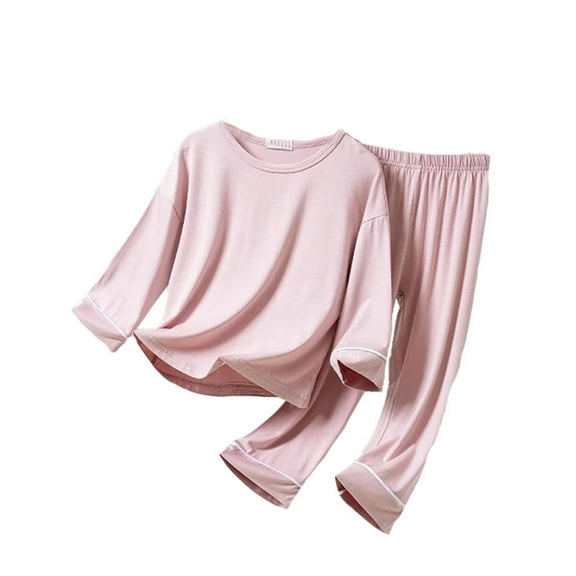CUZIBR Kids Christmas Outfit Soft Layered Set Solid Color Round Neck Long Sleeve Shirt Trousers Thin Home Wear Loose Casual Sleep Suit Fall Winter Outfits,Pink,10-12 Years