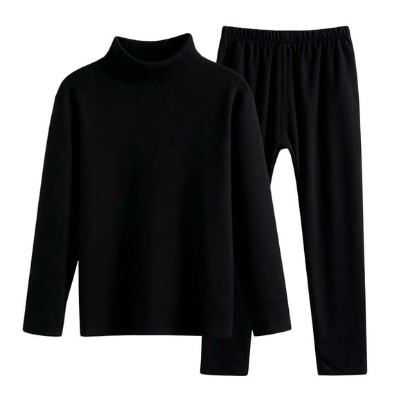 CUZIBR Kids Christmas Outfit Winter Thermal Underwear Solid Color Base Layer Half High Collar Long Sleeve Shirts Casual Trousers Two Piece Set Comfy Sweat Set For Toddler,Black,10-11 Years