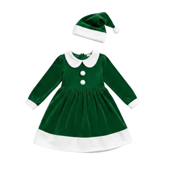 CUZIBR Kids Christmas Santa Claus Costume Girl 2 PC Outfits Dresses And Hat Set Long Sleeve Peter Pan Collar Soft Photo Shoot Wear,Green,3-4 Years