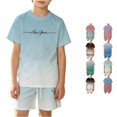 thumbnail image 1 of CUZIBR Kids Cool Gradient City Graphic Boys O-Neck Short Sleeve T Shirt And Shorts Outfit Sets Breathable Mesh Casual Playwear Clothes Sets,Light Blue,11-12 Years, 1 of 4