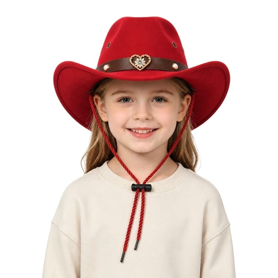 CUZIBR Kids Cowboy Hat Wide Brim Western Hat With Heart Rhinestone Leather Belt Outdoor Party Costume Toddler Girls Cowgirl Hat,3-Red,One Size