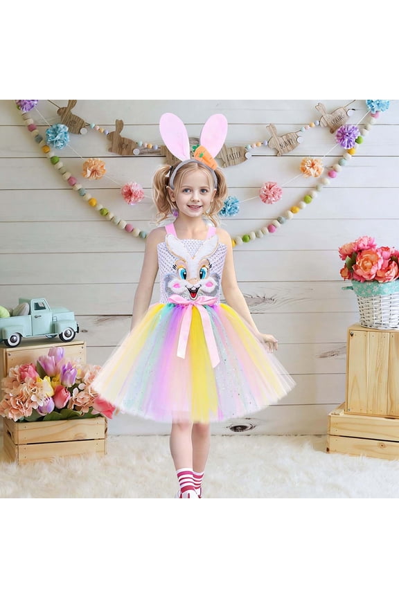 Kids Easter Bunny Dress Cute Cartoon Pattern Spaghetti Strap Tiered Tutu Mesh Dresses Fashionable Party Gown For Kids Slim Fit Cozy Midi Sundress Prom Ball Gown,Silver,11-12 Years
