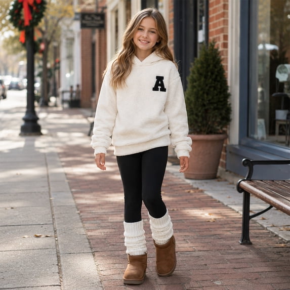 CUZIBR Kids Fall Outfits For Girls Sweatsuit Clothes Set Sherpa‑Lined Hoodie And Leggings 2 PC Sets Letter Embroidery Sweet Loungewear,Black,11 Years
