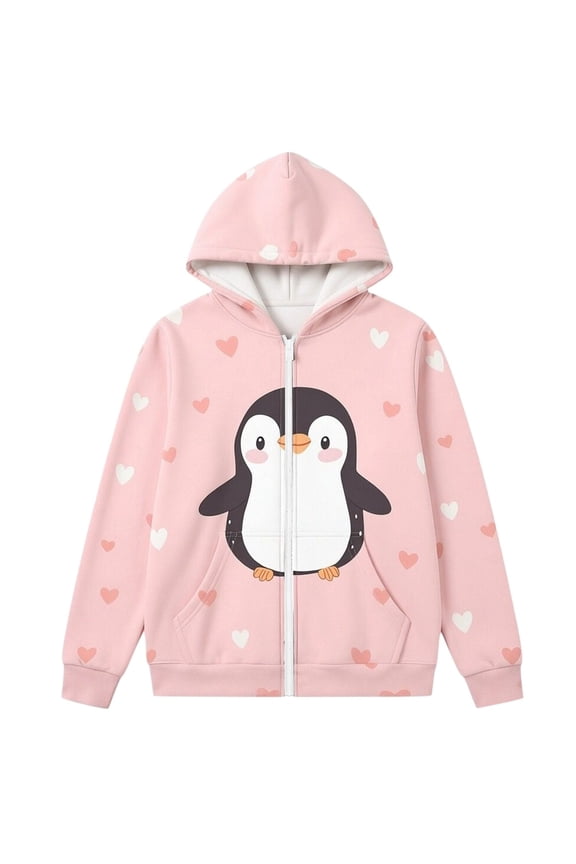 Kids Full Zip Up Hooded Jacket Cute Cartoon Animal Heart Pattern Print Long Sleeve Pocket Soft Casual Coat For Girls Fall Winter Outdoor School Holiday Wear,Pink,8-10 Years