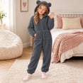thumbnail image 1 of CUZIBR Kids Girl Bear Ear Onesie Fuzzy Hooded Pajama Jumpsuit Zip-Up Long Sleeve Lovely Loungewear,Dark Gray,12-14 Years, 1 of 6