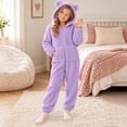 thumbnail image 1 of CUZIBR Kids Girl Bear Ear Onesie Fuzzy Hooded Pajama Jumpsuit Zip-Up Long Sleeve Lovely Loungewear,Purple,5-6 Years, 1 of 6