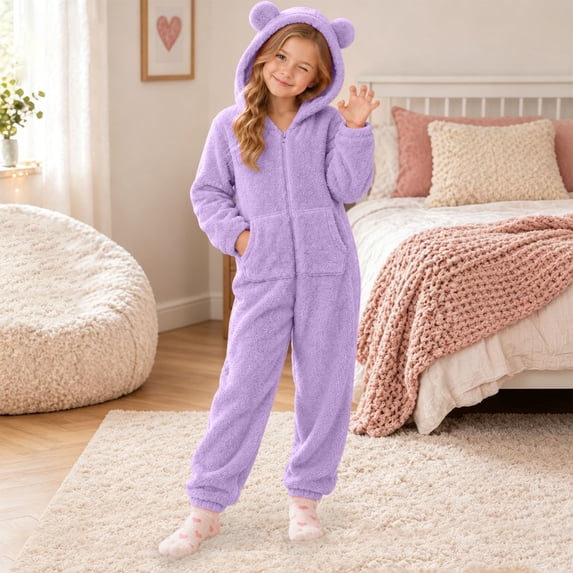 CUZIBR Kids Girl Bear Ear Onesie Fuzzy Hooded Pajama Jumpsuit Zip-Up Long Sleeve Lovely Loungewear,Purple,5-6 Years