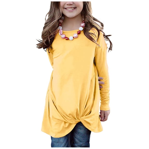 CUZIBR Kids Girls Casual Tunic Tops Loose Fit Solid Color Crewneck Knot Front Long Sleeve Blouse Oversized Lightweight Relaxed Soft T-Shirt Fashionable Holiday Long Tshirts,Yellow,12-13 Years