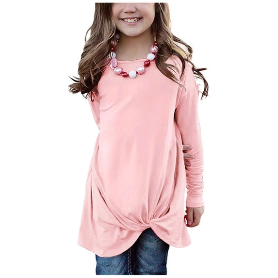 CUZIBR Kids Girls Casual Tunic Tops Loose Fit Solid Color Crewneck Knot Front Long Sleeve Blouse Oversized Lightweight Relaxed Soft T-Shirt Fashionable Holiday Long Tshirts,Pink,12-13 Years