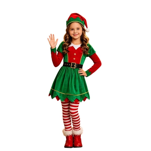 CUZIBR Kids Girls Christmas Elf Costume 3 PC Outfits Dresses And Socks Hat Set Long Sleeve Crew Neck Lovely Photo Shoot Wear,Red,5-6 Years