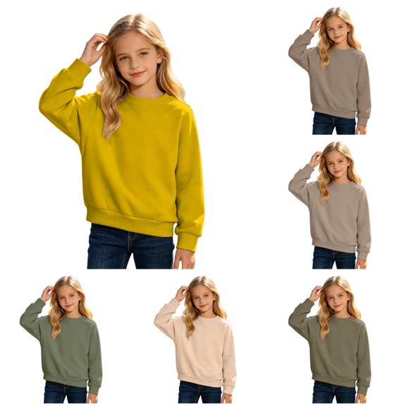 CUZIBR Kids Girls Crewneck Sweatshirt Basic Solid Color Pullover Long Sleeve Cozy Casual Daily Wear,Yellow,4-5 Years