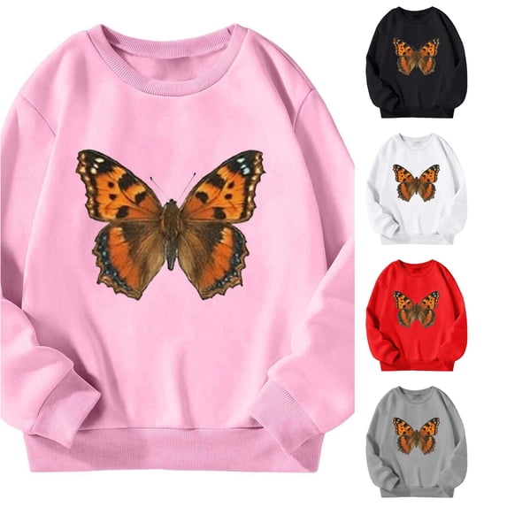 CUZIBR Kids Girls Crewneck Sweatshirt Butterfly Graphic Pullover Long Sleeve Casual School Tops,Pink,5-6 Years