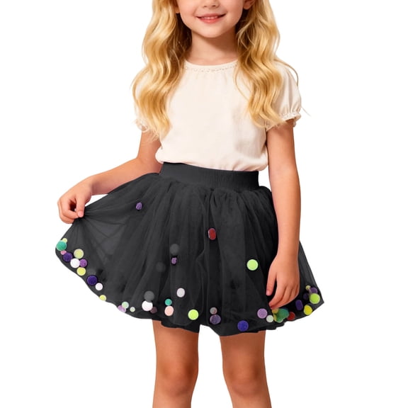 CUZIBR Kids Girls Dance Tutu Skirts High Waist Pom Pom Ruffles Tulle Party Ballet Skirt Tiered Layered Tulle Dancewear,Black,5-6 Years