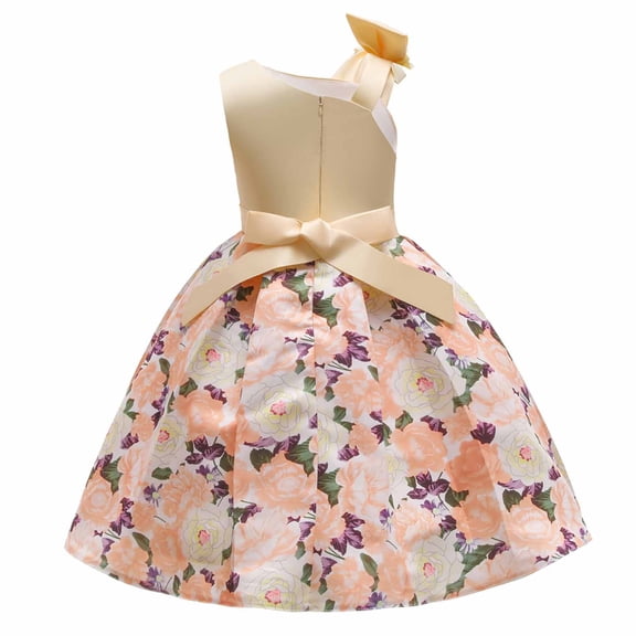 CUZIBR Kids Girls Formal Prince Dress Sleeveless One Shoulder Cute Bow High Waist Pleated Floral Print Party Wedding Birthday Dresses Summer Casual A Line Tiered Ruffle Beachwear,Beige,3-4 Years