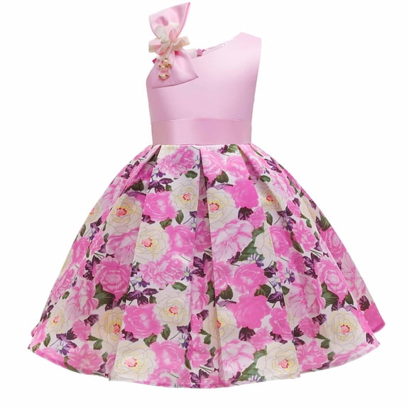 CUZIBR Kids Girls Formal Prince Dress Sleeveless One Shoulder Cute Bow High Waist Pleated Floral Print Party Wedding Birthday Dresses Summer Casual A Line Tiered Ruffle Beachwear,Red,2-3 Years