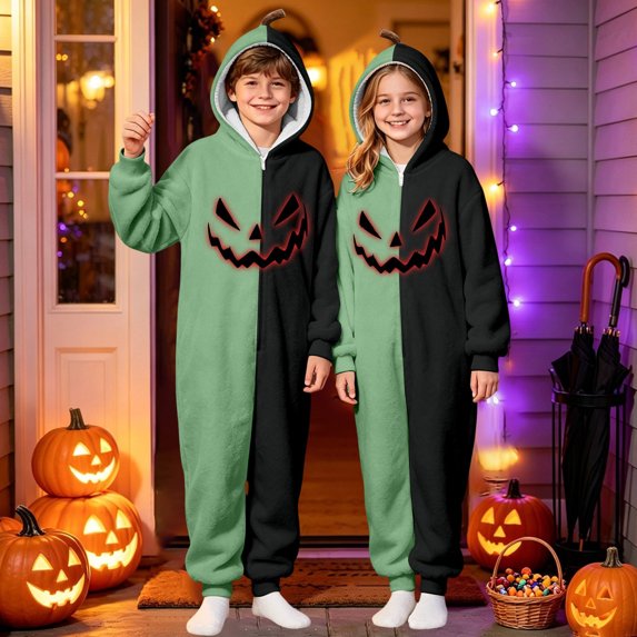 CUZIBR Kids Girls Halloween Onesie Pajamas Boys Hooded Plush Pumpkin Pajama Patchwork Zip Up Long Sleeve Jumpsuit Loungewear Cozy Homewear,Green,11-12 Years