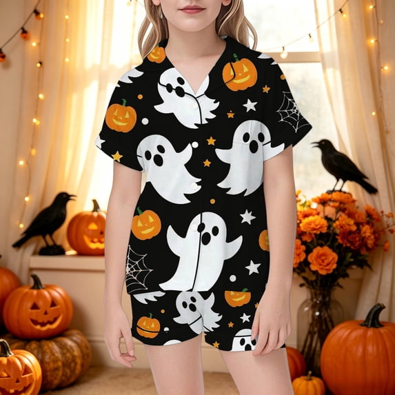 CUZIBR Kids Girls Halloween Pajamas Set Short Sleeve Button Down Shirt And Shorts 2 PC Sleepwear Ghost Pumpkin Graphic Lapel Sweet Daily Homewear,Black,11-12 Years