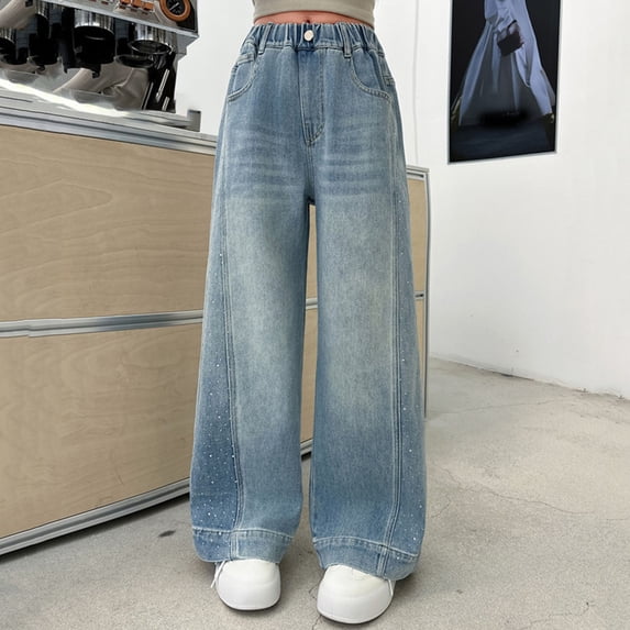 CUZIBR Kids Girls Jeans Glitter Sparkly Fashionable High Waist Cute Bow Print Vintage Distressed Elastic Waist Baggy Denim Pants Loose Fit Wide Leg Trousers Cozy Elegant Clothes,Blue,10-11 Years