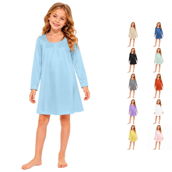 CUZIBR Kids Girls Nightgown Long Sleeve Pleated Crew Neck Sleepwear Solid Color Lightweight Loungewear Comfort Festival Party Nightwear,Light Blue,9-10 Years
