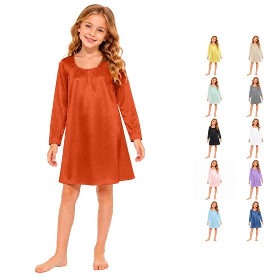 CUZIBR Kids Girls Nightgown Long Sleeve Pleated Crew Neck Sleepwear Solid Color Lightweight Loungewear Leisure Festival Party Nightwear,Red,9-10 Years