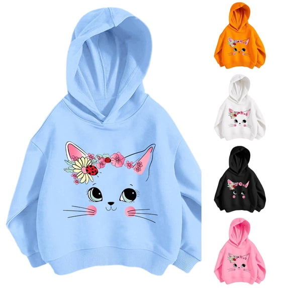 CUZIBR Kids Girls Oversized Hoodies Cat Graphic Pullover Sweatshirt With Pocket Long Sleeve Casual Cute Fall Winter Clothes,Blue,3-4 Years