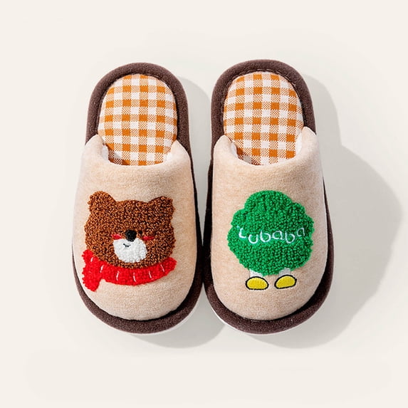 CUZIBR Kids Girls Slippers Boys Plaid Cute Cartoon Plush House Slippers Close Toe Warm Winter Warm Bedroom Footwear,Coffee,10-11 Years