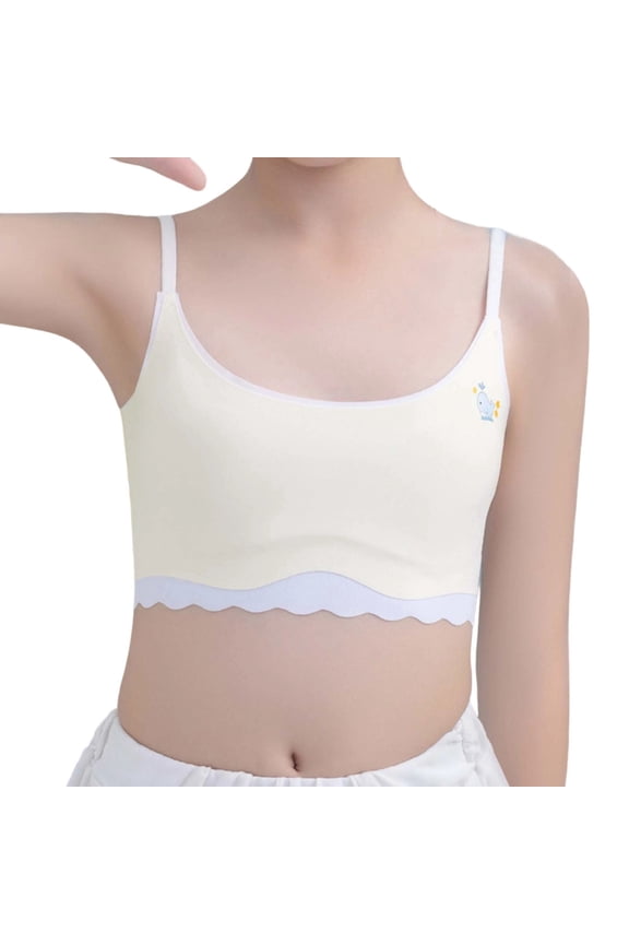 Kids Girls Sport Bras Cute Cartoon Floral Print Mesh Solid Color Thin Lightweight Bra Spaghetti Strap Square Collar Pull On Wireless Seamless Basic Camisole Underwear,Beige,12-13 Years