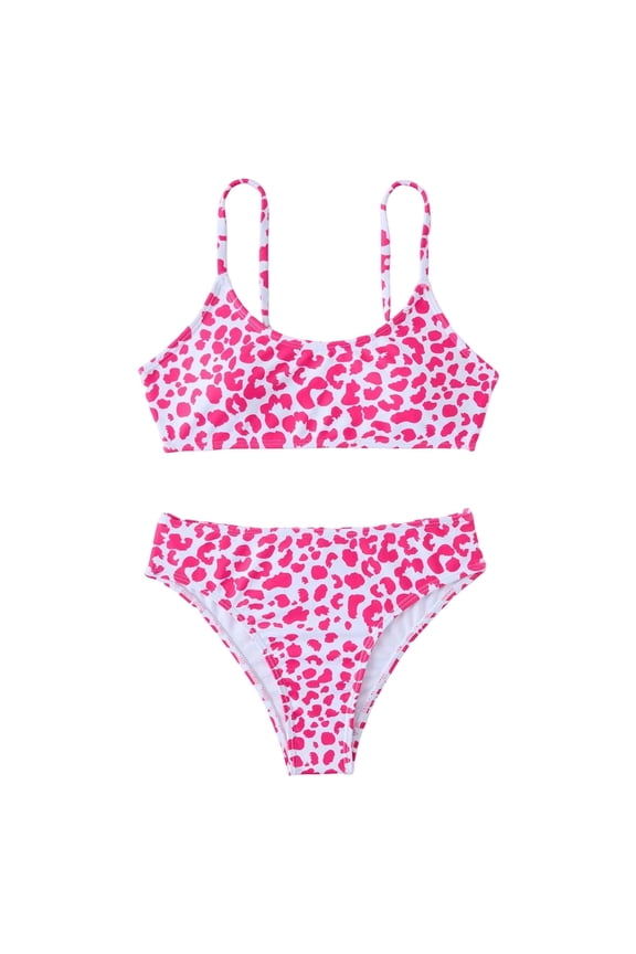 Kids Girls Summer Bikini Set Swimwear Stylish Leopard Prints Sleeveless Spaghetti Strap Round Neck Tops High Waist Bottoms Two Piece Swimsuit Party Pool Beachwear,Hot Pink,7-8 Years
