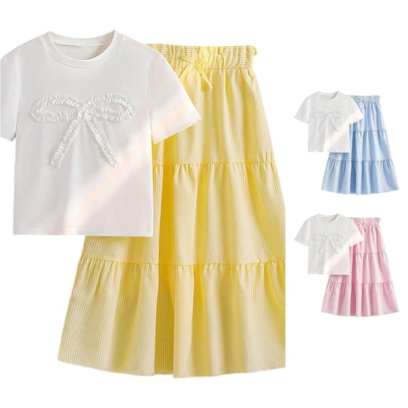 CUZIBR Kids Girls Summer Outfit Sets Short Sleeve Tops With 3D Bowknot And A-Line Skirt Clothes Sets,Yellow,11-12 Years