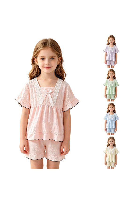 Kids Girls Summer Short Sleeve Cloud Print Cute Cartoon Square Collar Tops With Pants For Toddler Comfy Outfit Sets Clothing Sets,Pink,4-5 Years