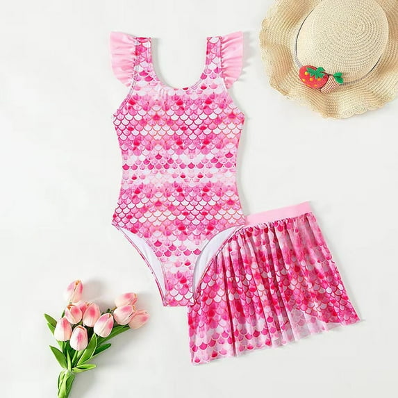 CUZIBR Kids Girls Swimsuits Two Piece Bikini Sets Tie Dye Ruffles Sleeveless Sport Bathing Suits With High Waist Pleated Skirts Cover Up Cozy Swimwear Beach Pool Beachwear,Hot Pink,7-8 Years