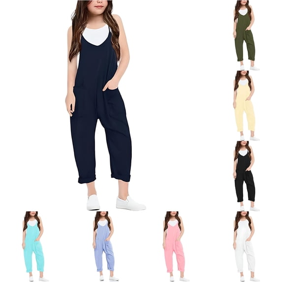 CUZIBR Kids Girls Teen Overall Pants Summer Lightweight Fashion Casual V Neck Suspenders Romper Solid Loose Fit With Pocket Comfortable Wide Leg Stylish Casual Trousers,Dark Blue,13-14 Years