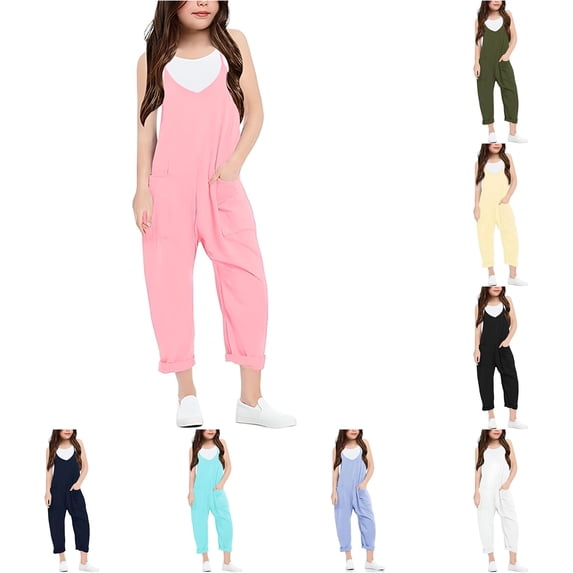 CUZIBR Kids Girls Overall Pants Summer Lightweight Fashion Casual V Neck Suspenders Romper Solid Loose Fit With Pocket Comfortable Wide Leg Stylish Casual Trousers,Pink,13-14 Years