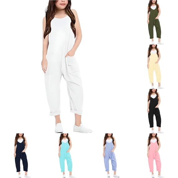 CUZIBR Kids Girls Overall Pants Summer Lightweight Fashion Casual V Neck Suspenders Romper Solid Loose Fit With Pocket Comfortable Wide Leg Stylish Casual Trousers,White,4-5 Years