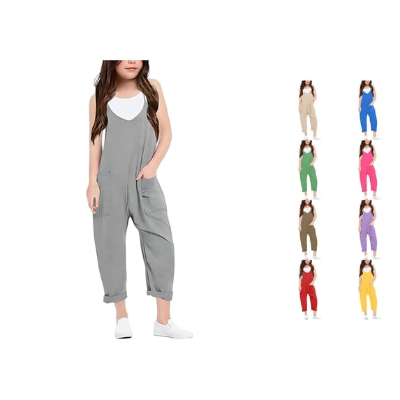 CUZIBR Kids Girls Overall Pants Summer Lightweight Fashion Casual V Neck Suspenders Romper Solid Loose Fit With Pocket Comfortable Wide Leg Stylish Casual Trousers,Grey,9-10 Years