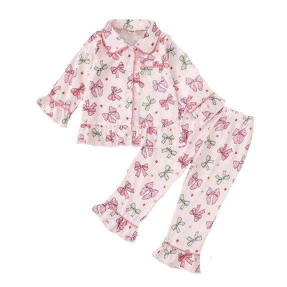 CUZIBR Kids Girls Toddler Casual Spring Outfits Stylish Long Sleeved Cute Bows Print Button Down Ruffles Trim Blouse Tops Trousers 2 Piece Set Sleep Wear Cozy Soft Home Dailywear,Light Pink,5-6 Years