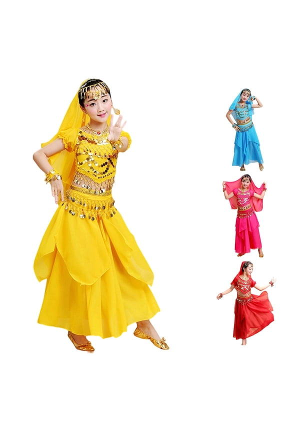 Kids Girls Traditional Dance Performance Outfit Sets With Flowing Skirt For Stage Ethnic Belly Dance Clothes Sets,Yellow,4-6 Years
