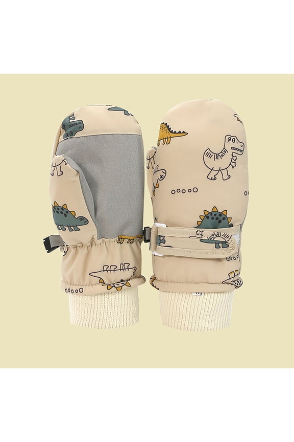 Kids Gloves Winter Walsking Waterproof Lovely Cartton Dinosaur Print Snowboard Gloves Thick Lining Wool Warm Mittens Child Kids Outdoor,Khaki,2-4 Years