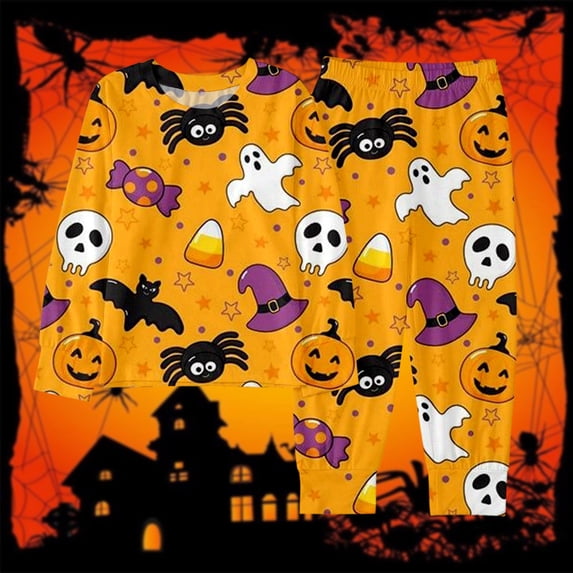 CUZIBR Kids Halloween Pajamas Girls Long Sleeve Ghost Spider Pumpkin Graphic Loungewear Sets Crew Neck Top And Pants 2 PC Set Lovely Sleepwear,Orange,4-5 Years
