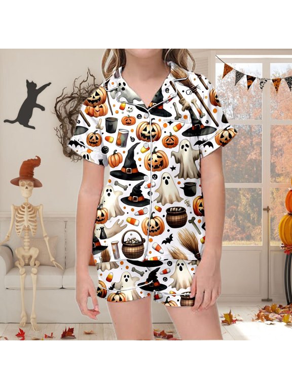 Kids Halloween Pajamas Girls Short Sleeve Ghost Pumpkin Graphic Loungewear Sets Button Down Top And Shorts 2 PC Set Lapel Lovely Sleepwear