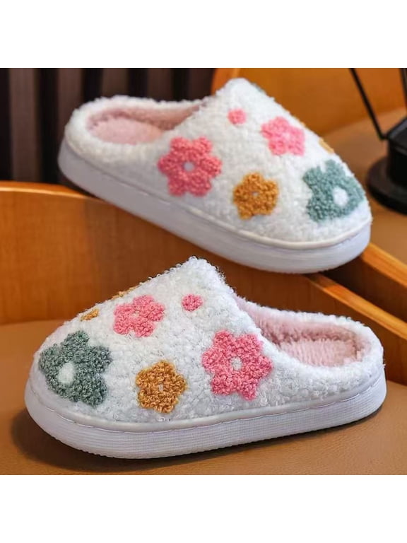 Kids House Slippers Girls Cute Flower Fuzzy House Slippers Close Toe Warm Winter Lovely Home Shoes,White,11-12 Years