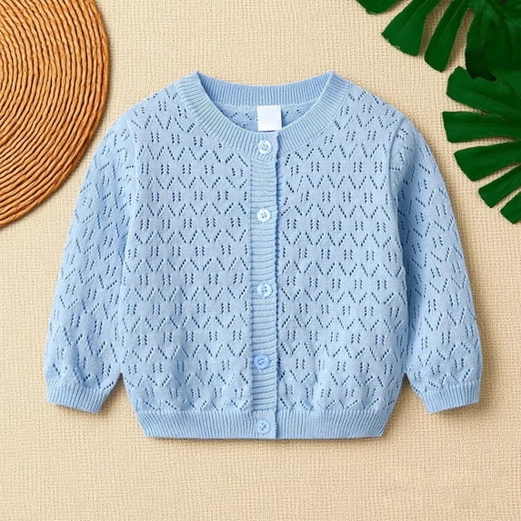 CUZIBR Kids Lace Cardigan Knit Sweater Button Down Hollow Out Long Sleeve Fall Jacket For Girls Lightweight Soft Comfy Solid Round Neck Coat,Blue,5-6 Years
