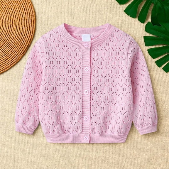 CUZIBR Kids Lace Cardigan Knit Sweater Button Down Hollow Out Long Sleeve Fall Jacket For Girls Lightweight Soft Comfy Solid Round Neck Coat,Pink,11-12 Years