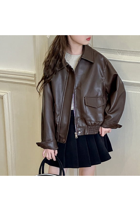 Kids Leather Jacket Motorcycle Cool Full Zip Up Bomber Cardigan Long Sleeve Turndown Collar Windbreaker Stylish Big Girls Winter Coats,Brown,9-10 Years