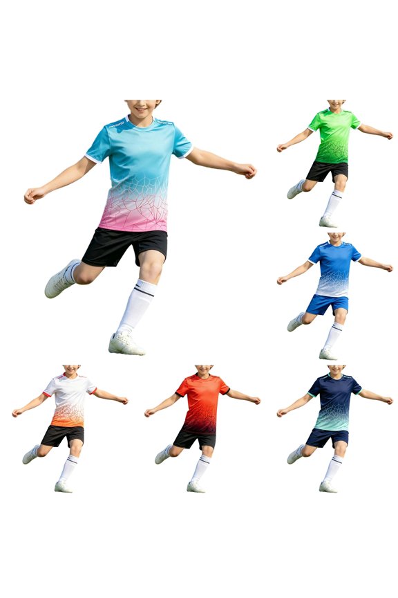 Kids Outfit Sets Children O-Neck Short Sleeve T-Shirts Shorts Football Competition Training Team Sports Clothes Sets,Sky Blue,9-10 Years