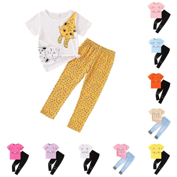 CUZIBR Kids Outfit Sets Girl's Cat Pattern O-Neck Short Sleeve T Shirt And Pants Summer Girls Clothes Sets,Gold,4-5 Years